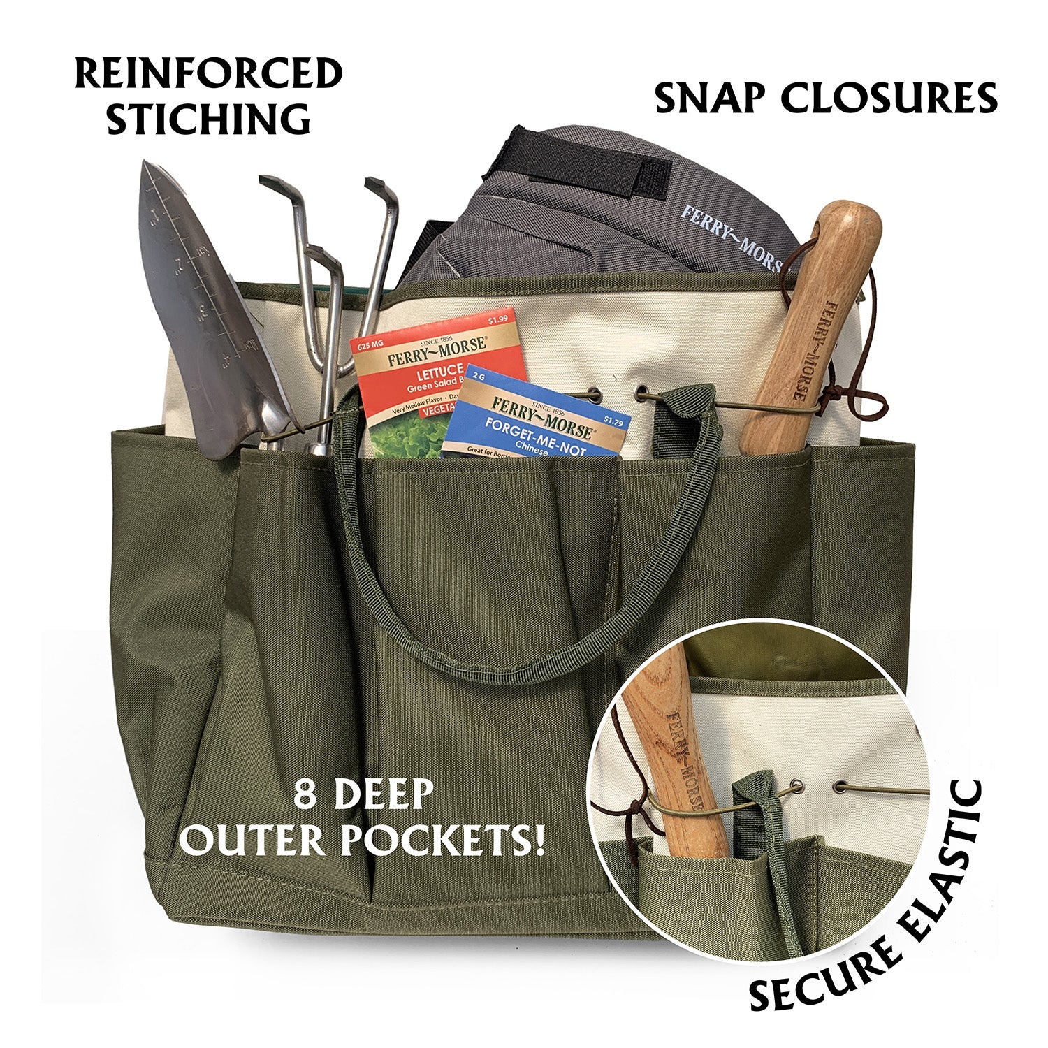 A green and beige Ferry-Morse garden tool bag with multiple pockets and a drawstring closure.